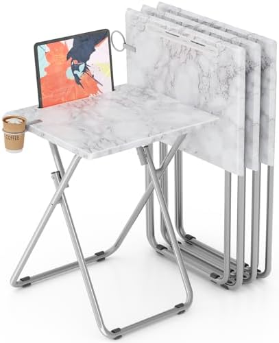 TV Tray Table,Folding Table with Cup Holder Portable,Foldable Snack Tray for Eating,Small Folding Tables Set of 4,Dinner Tables for Couch, Living Room,Small Space (White Marble,4Pcs) by Fleecy+day