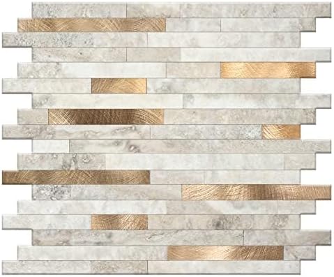 KASARO Peel and Stick Marble Backsplash Tile, 1-Sheet, Beige Marble with Vintage Golden Stripes, Self-Adhesive Aluminum Wall Tile for Kitchen, Bathroom, Fireplace, RV (11.4”x10.6”, 4mm Thick) by KASARO