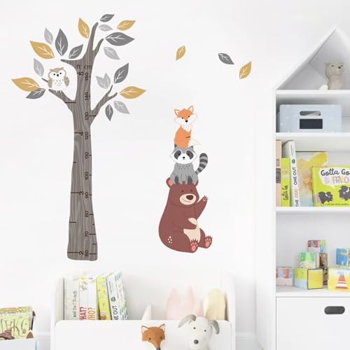 Yovkky Kids Height Chart Wall Decals Stickers, Woodland Animals Tree | Toddler Baby Growth Measurement Nursery Decor, Forest Bear Raccoon Fox Owl Leaves Home Decorations Bedroom Playroom Art - Image 4