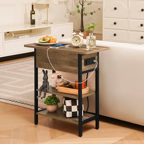 Yoobure End Table with Charging Station, Flip Top Side Table with USB Ports and Outlets, Sofa Couch Table Bedside Table for Living Room Bedroom, Narrow Nightstand with Storage Shelves for Small Space - Image 4