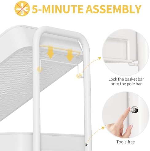 TOOLF 4 Tier Metal Rolling Cart, Utility Storage Cart with Wheels, White | Screwless Assembly, Lockable Metal Wheels, Trolley Organizer for Bathroom, Kitchen, Office, Dorm, Laundry, Craft Room - Image 3