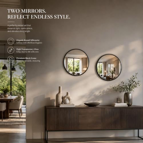 12"x12" Round Decorative Wall Mirror, 2 Pack Metal Framed Real Glass Mirror, Aesthetic Rounded Shape Vanity Mirror for Bedroom, Living Room, Black Accent Home Decor - Image 5