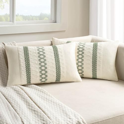MIULEE Set of 2 Sage Green Boho Decorative Lumbar Pillow Covers 12x24 Inch by MIULEE