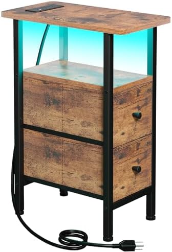 LOAKEKEL Narrow End Table with Charging Station, Small Nightstand by LOAKEKEL
