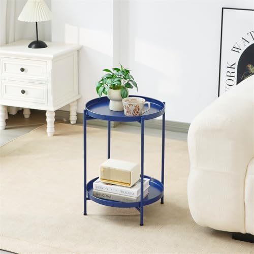 2-Tier Round End Side Table, Small Metal Side Table with Removable Tray, Folding Accent Tables for Living Room, Balcony, Nightstand for Bedroom, Outdoor Tables for Patio, Navy Blue - Image 2