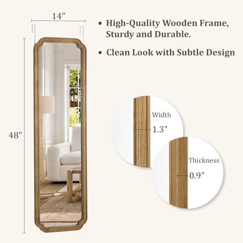 WallBeyond 48" x 14" Full Length Door Mirror with Rustic Rounded Corner Wood Frame, Over the Door Hanging Mirror for Bedroom, Closet, Dressing Area and Entryway, Natural - Image 5
