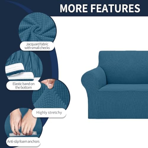 Cupuamon 2026 New Stretch Loveseat Sofa Slipcovers Couch Cover for 2 Cushion Furniture Protector Sofa Covers with Elastic Bottom Jacquard Fabric Small Checks for Pets, Kids - Peacock Blue - Image 4