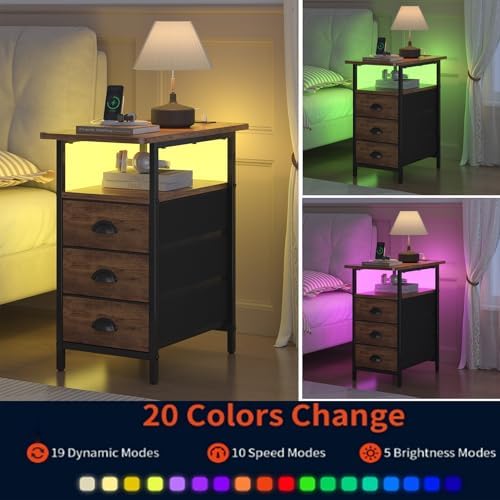 sthmec End Table with Charging Station,LED Side Tables with USB Ports and Outlets,Narrow Nightstands Bedside Tables with 3 Fabric Drawers for Small Space,Slim Sofa Table for Livingroom, Rustic Brown - Image 6
