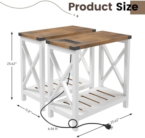 Hadulcet Farmhouse End Tables Living Room Set of 2, Narrow Side Table with Charging Station, Slim Nightstand for Small Space, Skinny Bedside Table, Sofa Side Table with Storage Shelf, White & Brown - Image 3
