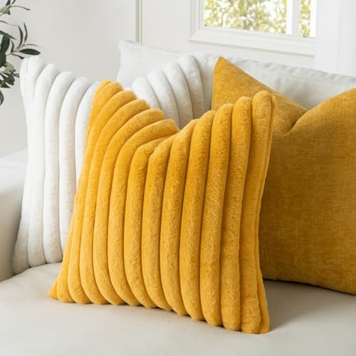 MIULEE Faux Fur Decorative Euro Sham Pillow Covers 24x24 Mustard Yellow - Image 3