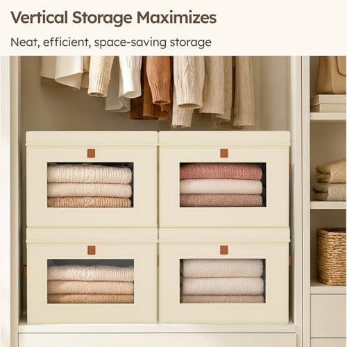 Homsorout Storage Bins with Lids - Front Opening Storage Box with Clear Window & Handles, Stackable Foldable Fabric Bins for Closet Organization, Clothes, Sweaters, Towels, Blankets, 4 Pack, Beige - Image 4