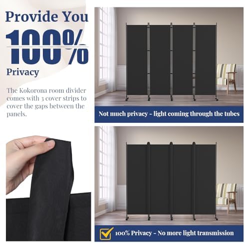 Kokorona 4 Panel Room Divider, 6FT Tall Rolling Privacy Screen with Lockable Wheels, Folding Wall Dividers Portable Room Divider for Room Separation, Included - Cover Strips, Black, 88''W x 70''H - Image 3