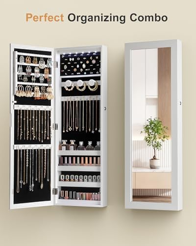 Nicetree 6 LEDs Jewelry Armoire, Hanging Mirror Jewelry Cabinet, White - Image 4