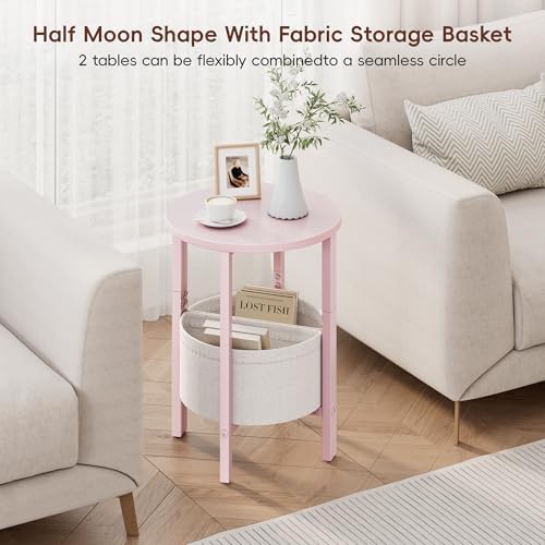 Vagusicc Small Round Side Table, Accent End Table with Storage Basket, Set of 2 Half Round Coffee Table End Table, Half Moon Bedside Table, Modern Nightstand Couch Table for Living Room Bedroom, Pink - Image 5