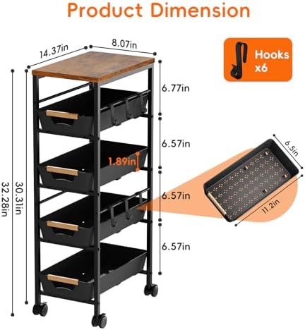 5-Tier Slim Storage Cart, Wooden Top Rolling Kitchen Cart with Pull-Out Baskets & Wheels, Narrow Space Utility Cart Slide Out Organizer for Kitchen, Bathroom, Laundry Room, Black - Image 5