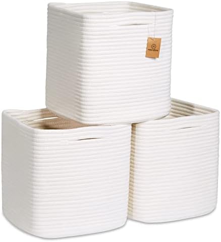 NaturalCozy Storage Cubes 11 Inch Cotton Rope Woven Baskets for Organizing, 3-Pack | Cube Storage Bin | Square Storage Baskets for Shelves Organizer, Classroom, Kids Toy Bins, Closet, Baby Nursery by NaturalCozy