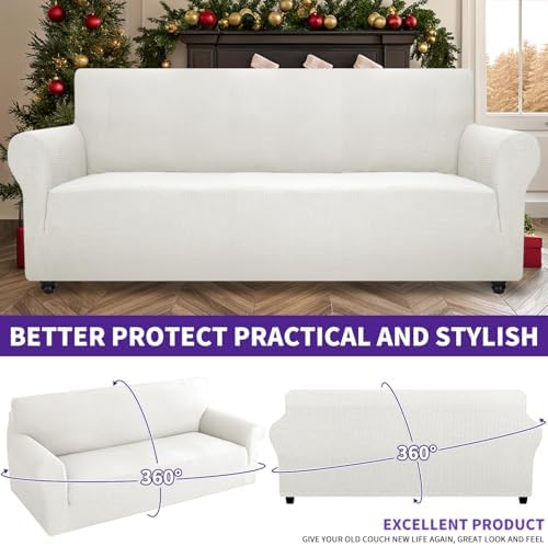 ZNSAYOTX Super Stretch Couch Cover (72"-92") Universal Sofa Covers with Elastic Bottom, Dog Cat Pets Friendly Washable Furniture Protector Fitted Sofa Slipcovers Stay in Place (White, Sofa) - Image 2
