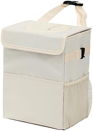 AOKJOY Car Garbage can with lid Leak Proof Vehicle Trash Can 3 Storage Pockets Hanging Waterproof car Trash Bag for SUV Beige by saygoodbyetoclutter