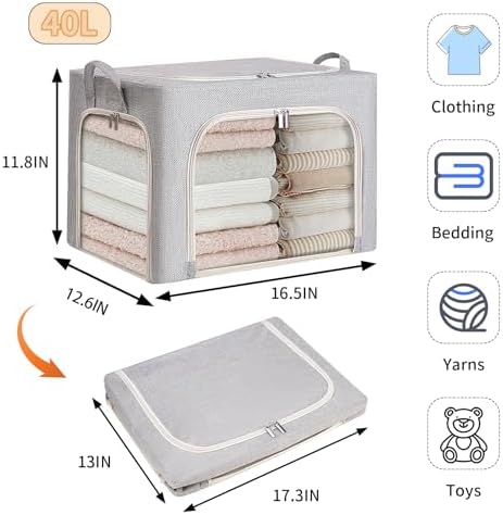 combocube 3-Side Zippered Openings Clothes Storage Bins with Thick Metal Frame, Stackable & Foldable Clothing Storage Bins with Lid, Linen Fabric Closet Storage Box with Large Clear Window, 3 Pack - Image 4