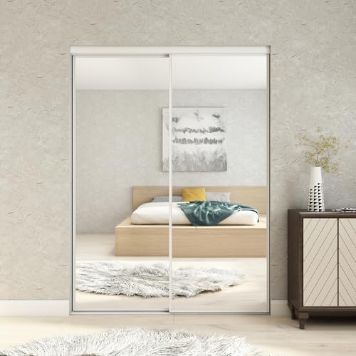 JUBEST Mirrored Closet Door 60 x 80, One Side Mirror Door with Top & Bottom Track Kits, Full Length White Steel Frame Sliding Mirror Closet Door, Easy to Install - Image 7