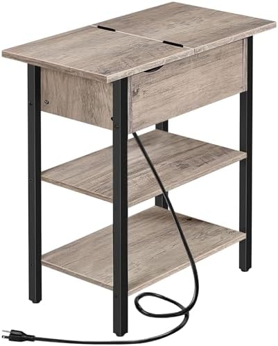 HOOBRO Side Table, Flip End Table with Charging Station and Shelves, USB Ports & Power Outlets, Narrow Nightstand for Small Spaces, Living Room, Stable and Sturdy, Greige and Black BG341BZ01 by HOOBRO