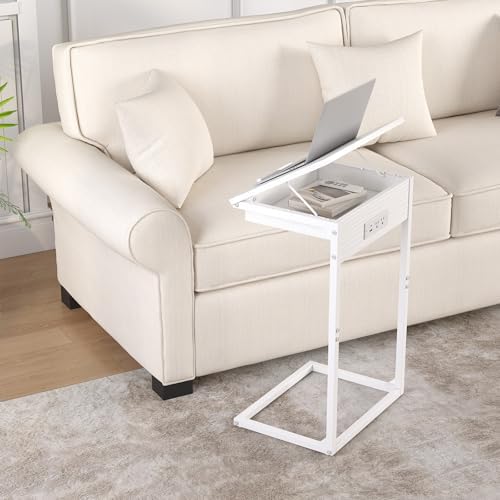 sthmec C Shaped End Table with Charging Station, 45° Tiltable Adjustable Flip Top Side Table with Storage,Small C Table for Small Spaces,Slide Under Couch Sofa Bedside Table for Living Room,White - Image 2