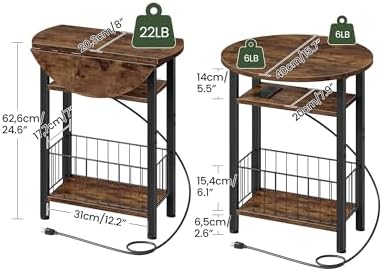 Folding Side Table with Charging Station, 3-Tier Narrow End Couch Table with Folding Top, Storage Basket, Round Side Table for Small Spaces, for Sofa Living Room, Bedroom, Rustic Brown TBZ10UBF - Image 3