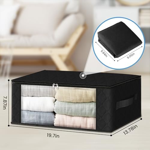 HomeHacks 6-Pack Clothes Organizer Storage Bags Foldable Storage Box with Large Clear Window Sturdy Handles for Closet, Dorm, Pillows, Bedding, Clothes, Stuffed Toys, Blankets, 35L, Black - Image 2