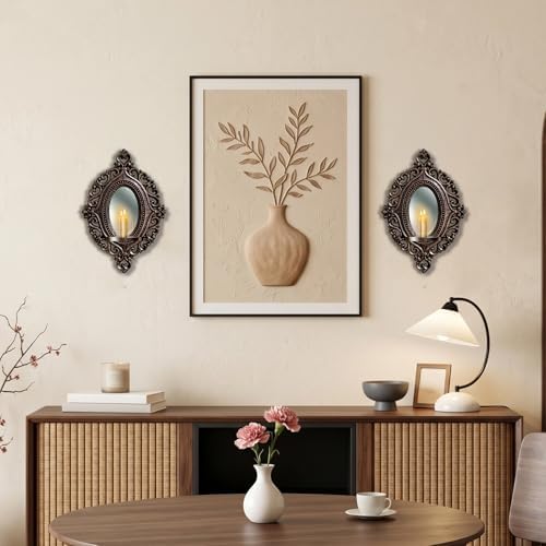 2 Set Vintage Candle Wall Sconce for Home Decor Living Room Bedroom Office Wood Antique Mirrored Victorian Mounted Candlestick Wall Holder Relief Hanging Decor -Brown 11.8in - Image 4