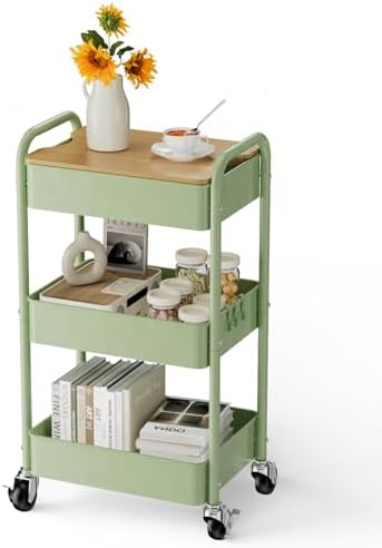 3 Tier Rolling Cart with Table top, Metal Rolling Utility Cart, Sturdy Storage Organizer Cart with Locking Wheels & Hooks for Office, Classroom, Kitchen and Bathroom by Johgee