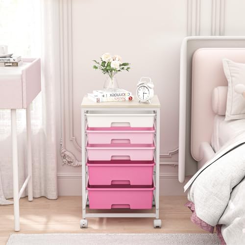 SYKIARIOL Utility Cart with Drawers,5 Drawers Storage Cart,Rose Pink - Image 2