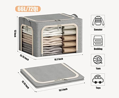 3 Openings Large Clothes Storage Bins with Metal Frame, Foldable Storage Bin for Clothes, Clothing Storage Bins with Lid, Linen Storage Box With Clear Window＆ Zippers＆ Handles.(3 Pcs,Light Grey,66L) - Image 6