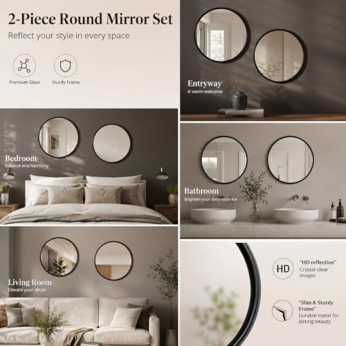 12"x12" Round Decorative Wall Mirror, 2 Pack Metal Framed Real Glass Mirror, Aesthetic Rounded Shape Vanity Mirror for Bedroom, Living Room, Black Accent Home Decor - Image 7