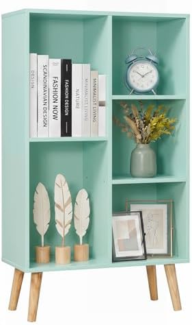 YAHARBO Small Green Bookshelf,3 Tier Modern Kids Bookcase with Legs,5 Cube Wooden Bookshelves Storage Shelf,Book Shelves Organizer,Display Bookcases Cabinet for Room Nursery Study by YAHARBO