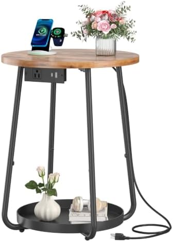 sthmec Small Round Side End Table with Storage and Charging Station, 2 Tier Round Bedside Sofa Couch Coffee Tables with Tray, Metal Nightstand for Small Spaces, Living Room Bedroom, Rustic Brown by Unknown