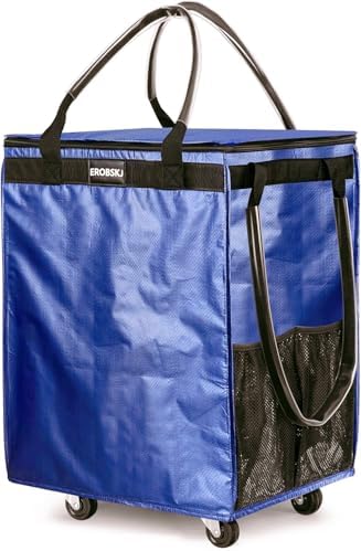 (Medium, Navy) Reusable Grocery Bag on Wheels, 70L Foldable Rolling Tote, Extra Storage for Shopping, Zipper Clouser Shopping Carts for Groceries, Laundry, Organization, Moving,4 Heavy Duty Wheels by EROBSKJ