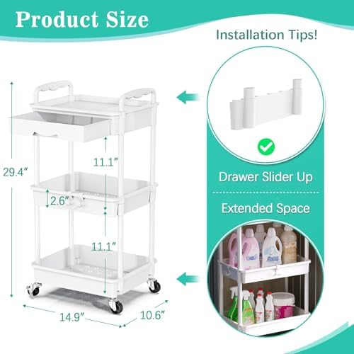 SUNALLY 3 Tier Rolling Cart with Drawer, Craft Storage Cart Organizer,White - Image 2