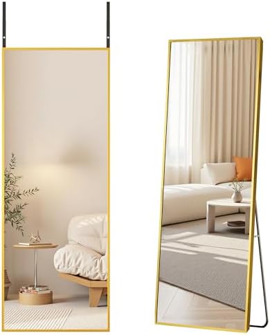Antok Over The Door Mirror Full Length, 49'' x 14''Wall Mounted Hanging Mirror, Aluminum Alloy Frame, Shatterproof Glass, No Drill Installation for Bedroom, Closet, Bathroom, Dorm, Rect Corner, Gold - Image 2