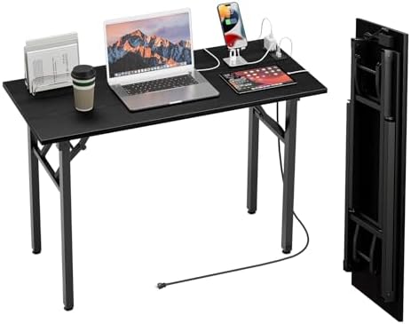 TEMI Small Computer Desk Folding Table - No Assembly, Compact 44.3" Foldable Desk with Power Outlets & USB Charging Port, Portable Small Office Desk, Ideal Mini Study Table, Dark Oak by TEMI