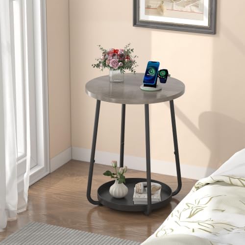 sthmec Small Round Side End Table with Storage, 2 Tier Round Bedside Sofa Couch Coffee Tables with Tray, Metal Nightstand for Small Spaces, Living Room Bedroom, Grey - Image 5
