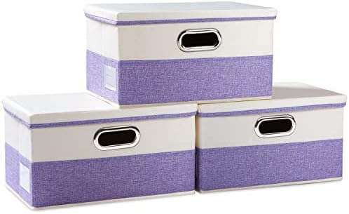 PRANDOM Collapsible Storage Bin with Lid [3-Pack] Fabric Foldable Storage Box Organizer Container Basket Cube with Cover for Home Bedroom Closet Office Nursery Purple&Cream(14.9x9.8x9.8) by Prandom