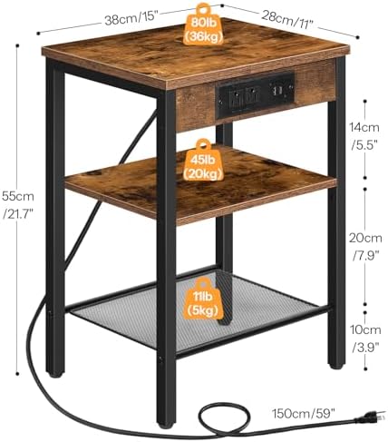 HOOBRO Side Table with Charging Station and USB Port, Small End Table for Small Space, 3-Tier Nightstand with Adjustable Shelf, for Living Room, Bedroom, Rustic Brown BF112BZ01 - Image 3