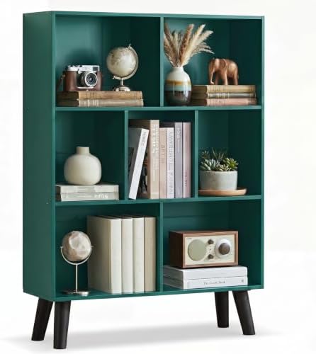 YAHARBO Dark Green Bookshelf,3 Tier Book Shelf with Legs, 7 Cube Minimalist Bookcase,Storage Organizer Shelves Display Bookcases for Bedroom,Living Room by YAHARBO