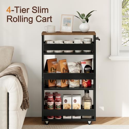 Yoobure 4-Tier Slim Storage Cart - Narrow Rolling Cart on Wheels, Slide Out Utility Carts with Adjustable Shelves, Organizer Trolley with Handle & Flip Top for Kitchen, Bathroom, Laundry - Image 5