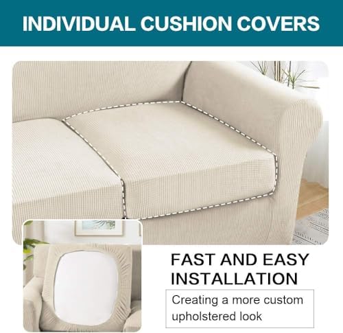 Turquoize 4 Piece Sofa Covers for 3 Cushion Couch Sofa Slipcover Soft Couch Cover for Dogs Washable Furniture Cover with 3 Individual Large Cushion Covers Feature Fabric (Large Sofa, Biscotti Beige) - Image 5