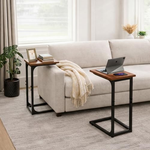 TEMI C Shaped End Table for Couch, Set of 2 Small Side Table for Sofa, TV Tray for Eating or Laptop, Accent Desk for Chair, Space Saving for Living Room Bedroom, Rustic Walnut - Image 2