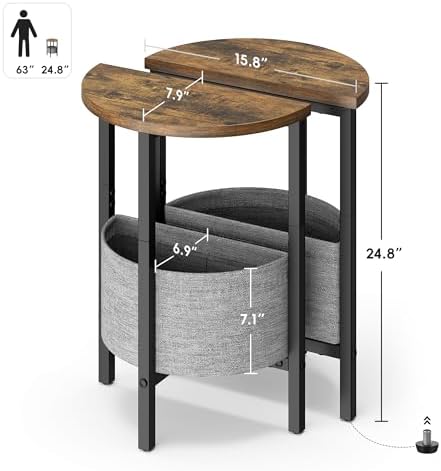Vagusicc Small Round Side Table, Accent End Table with Storage Basket, Set of 2 Half Round Coffee Table End Table, Half Moon Bedside Table, Modern Nightstand Couch Table for Living Room Bedroom, Brown - Image 3