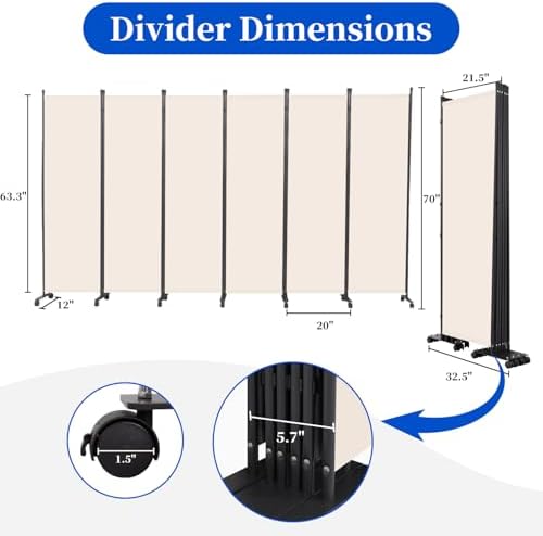 Room Divider 6FT 6 Panel Folding Privacy Screen with Lockable Wheels,Beige - Image 5