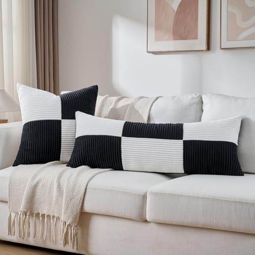 Fancy Homi Set of 2 Black White Big Decorative Throw Pillow Covers 24x24 Inch for Couch Bed Sofa, Modern Farmhouse Boho Home Decor, Soft Cross Corduroy Patchwork Accent Square Cushion Case 60x60 cm - Image 6