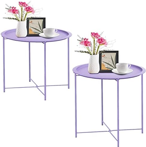 Garden 4 you End Table 2 PCS Metal Side Table Purple Round Folding Tray Cyan Sofa Small Accent Fold-able Table, Round End Table Tray, Next to Sofa Table, Snack Table for Living Room and Bed Room by Garden4you
